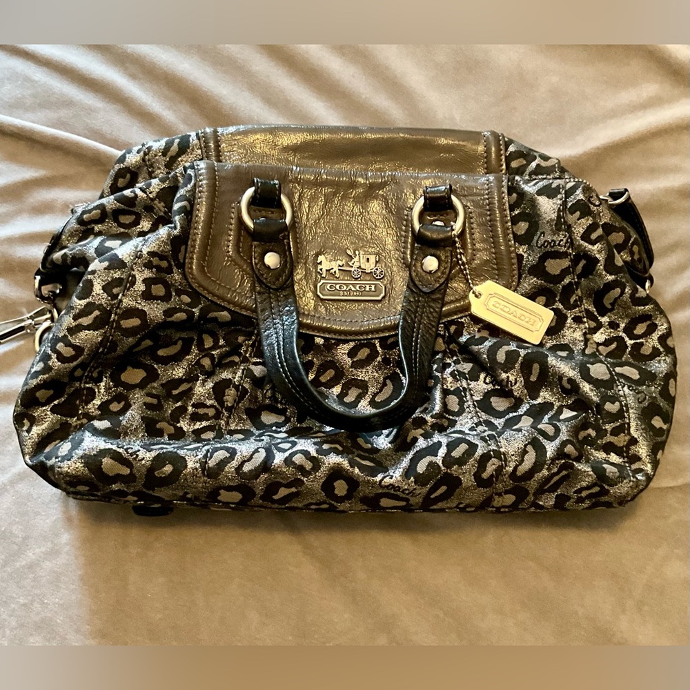Coach animal print purse in black and gray.